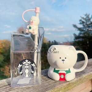 Starbucks 2025 White holiday bear barista 12 oz mug & glass , cat topper